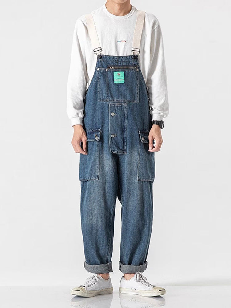 Distressed Denim Overall with Multiple Pockets
