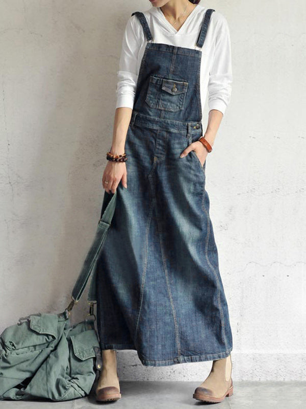 Casual Denim Overall Dress with Back Slit