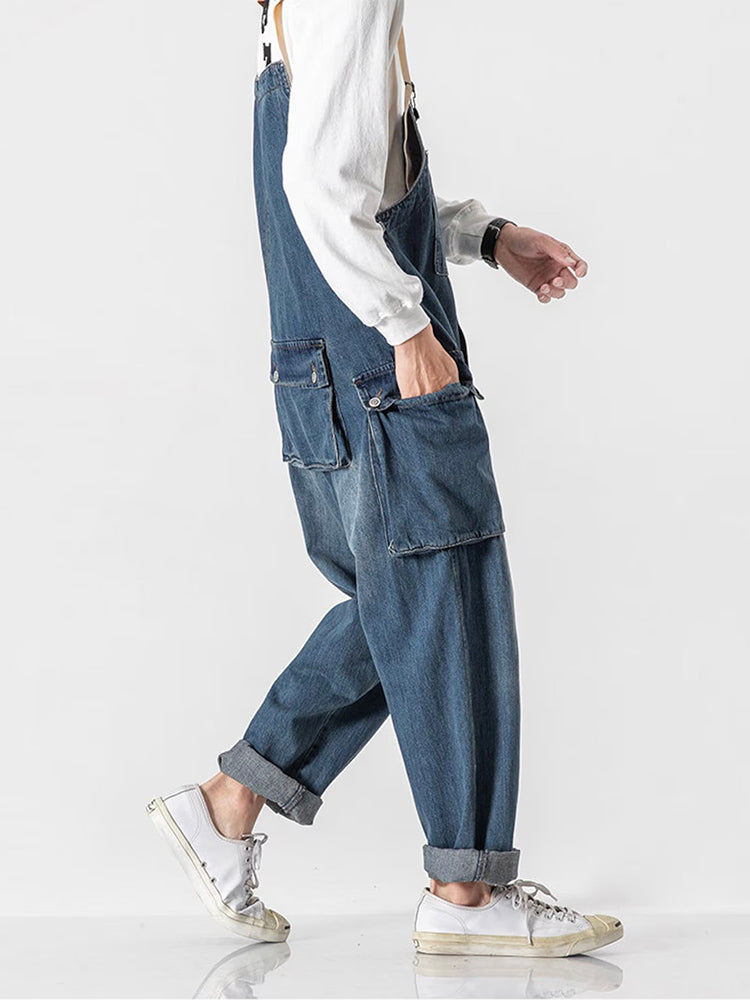 Distressed Denim Overall with Multiple Pockets