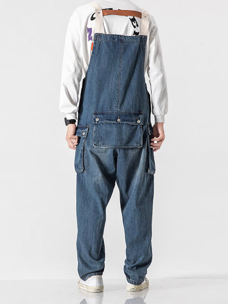Distressed Denim Overall with Multiple Pockets