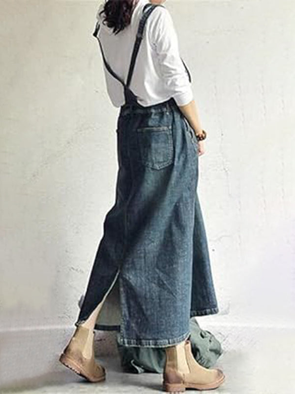 Casual Denim Overall Dress with Back Slit