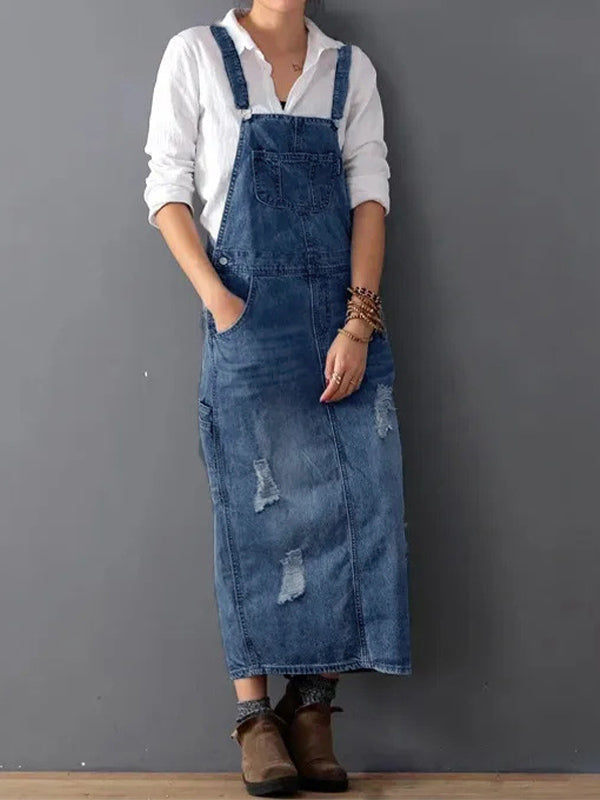 Distressed Denim Pinafore Dress with Back Slit