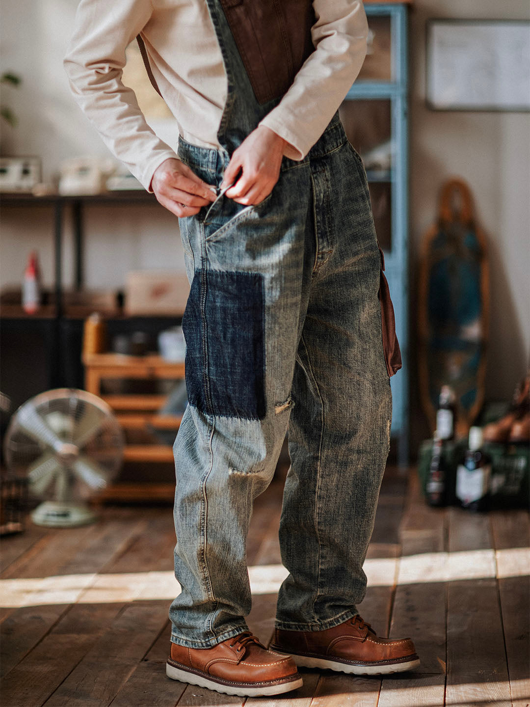 Men's Dungarees in Contrasting Distressed Denim