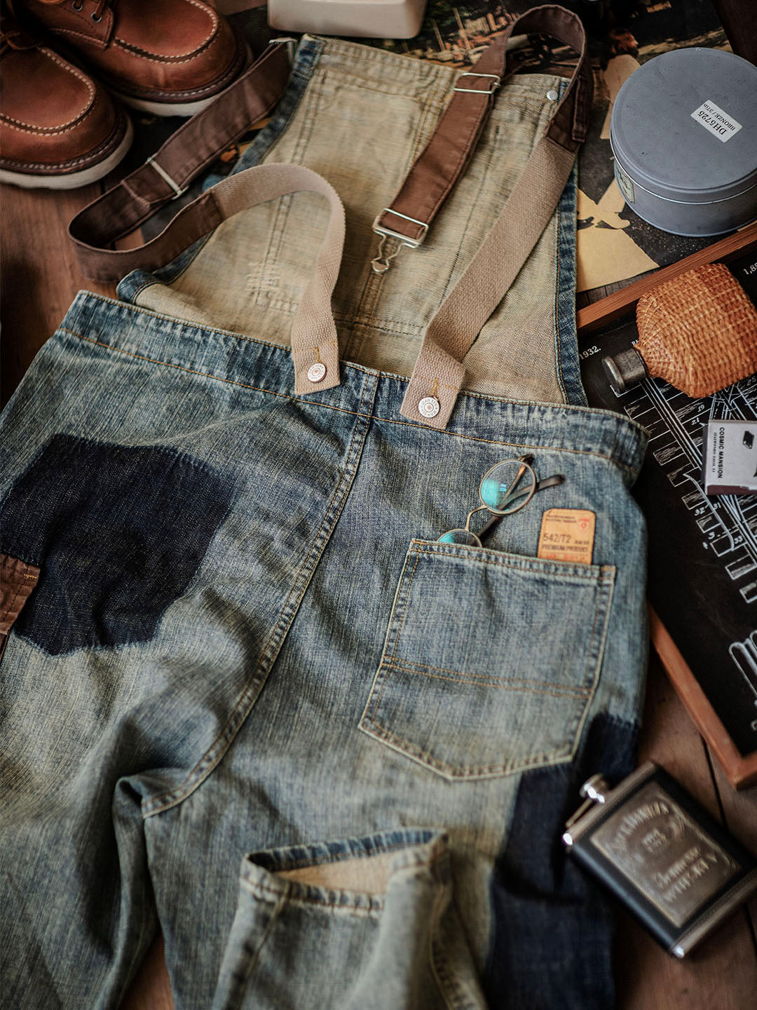 Men's Dungarees in Contrasting Distressed Denim