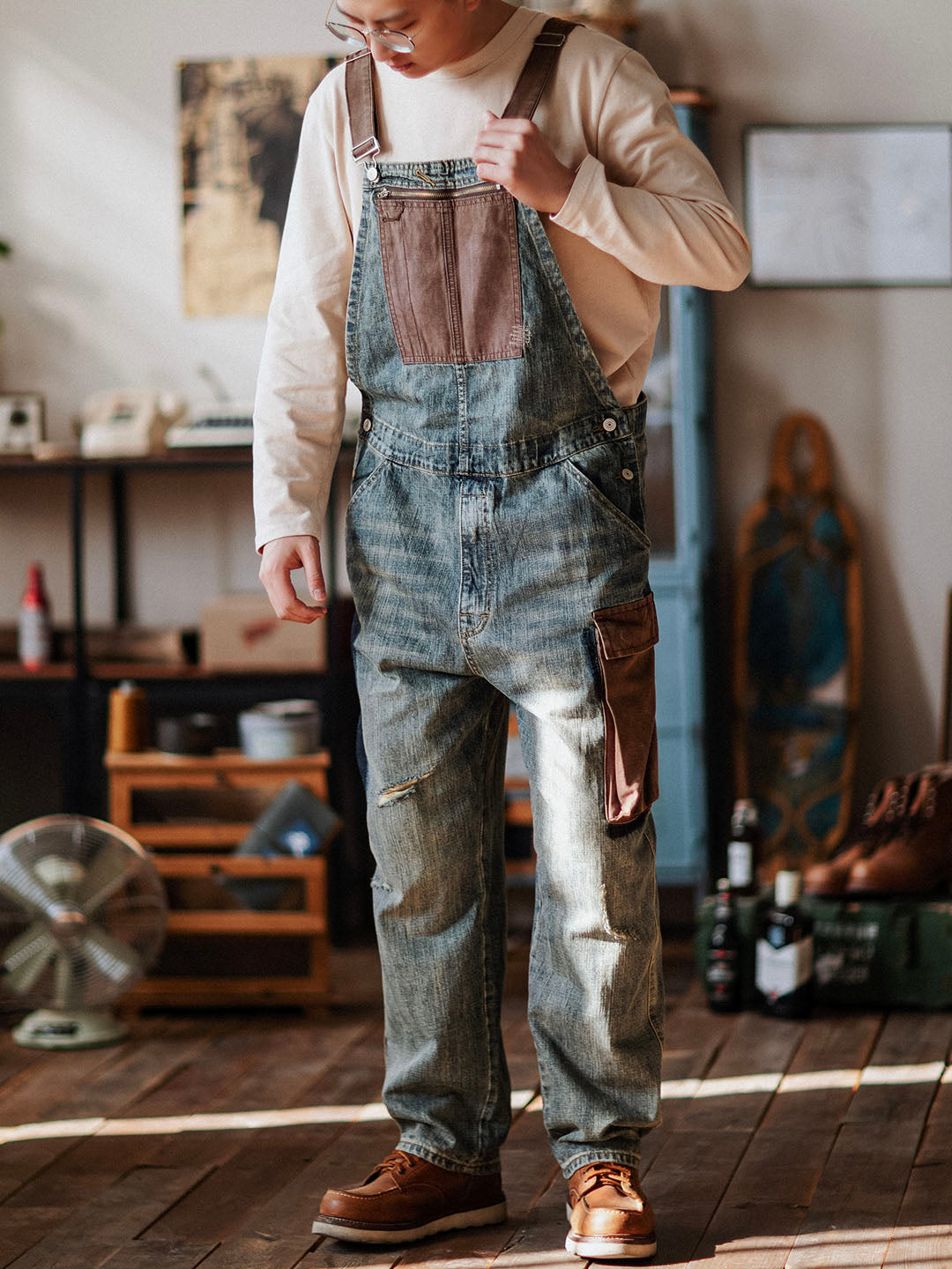 Men's Dungarees in Contrasting Distressed Denim
