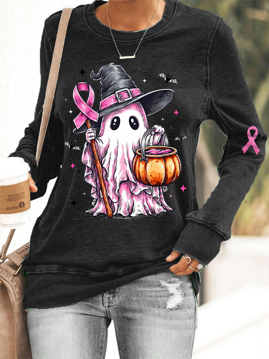 Women's In October We Wear Pink Halloween Pink Ghost Print Breast Cancer Awareness Support Sweatshirt