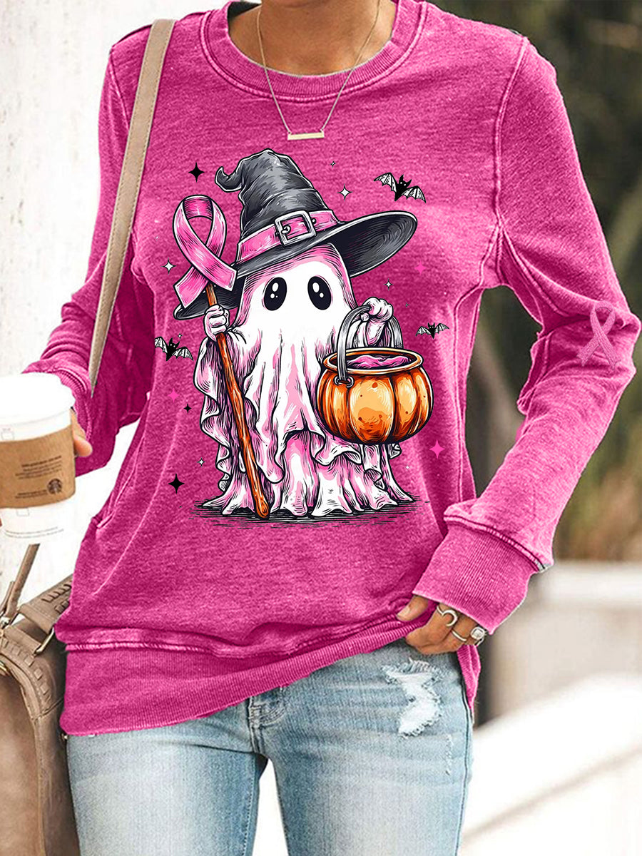 Women's In October We Wear Pink Halloween Pink Ghost Print Breast Cancer Awareness Support Sweatshirt