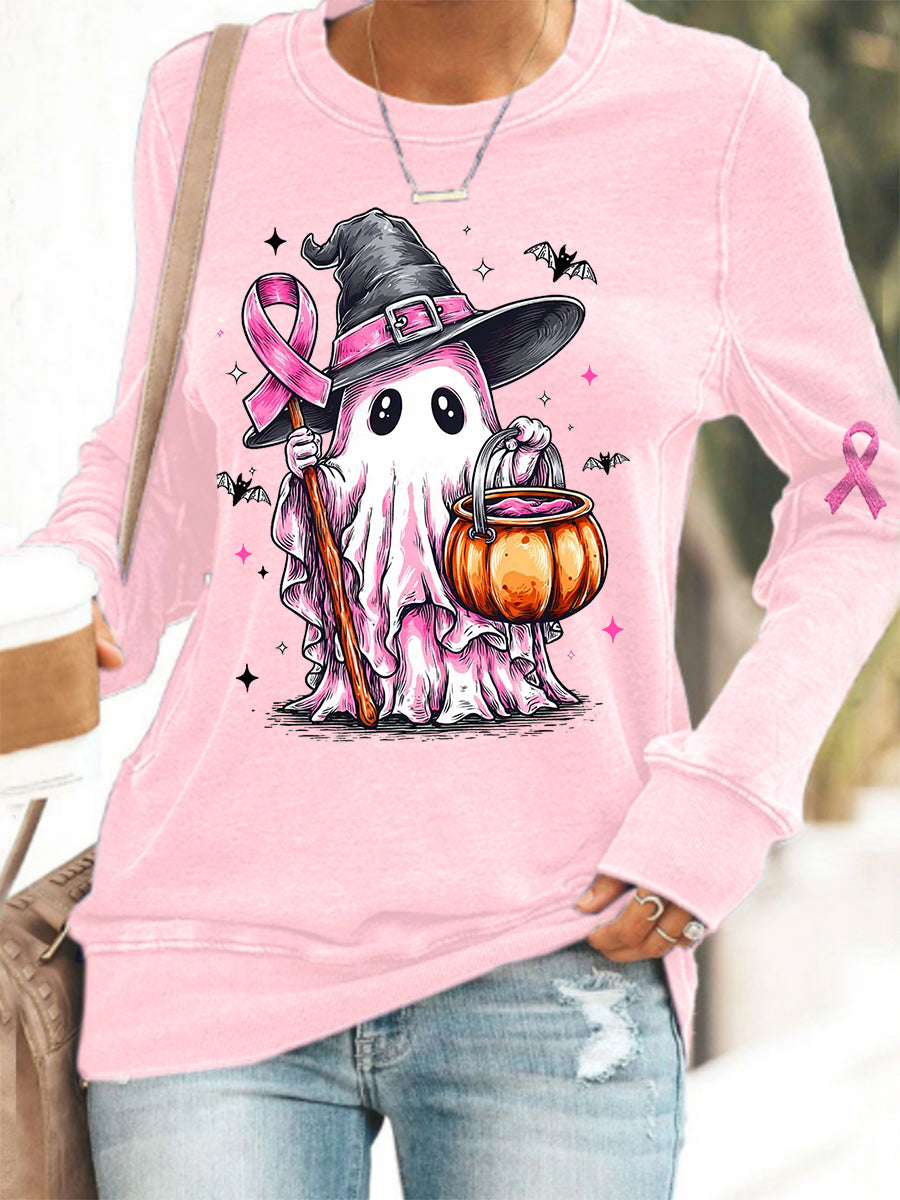 Women's In October We Wear Pink Halloween Pink Ghost Print Breast Cancer Awareness Support Sweatshirt