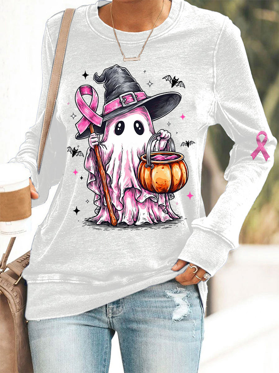 Women's In October We Wear Pink Halloween Pink Ghost Print Breast Cancer Awareness Support Sweatshirt