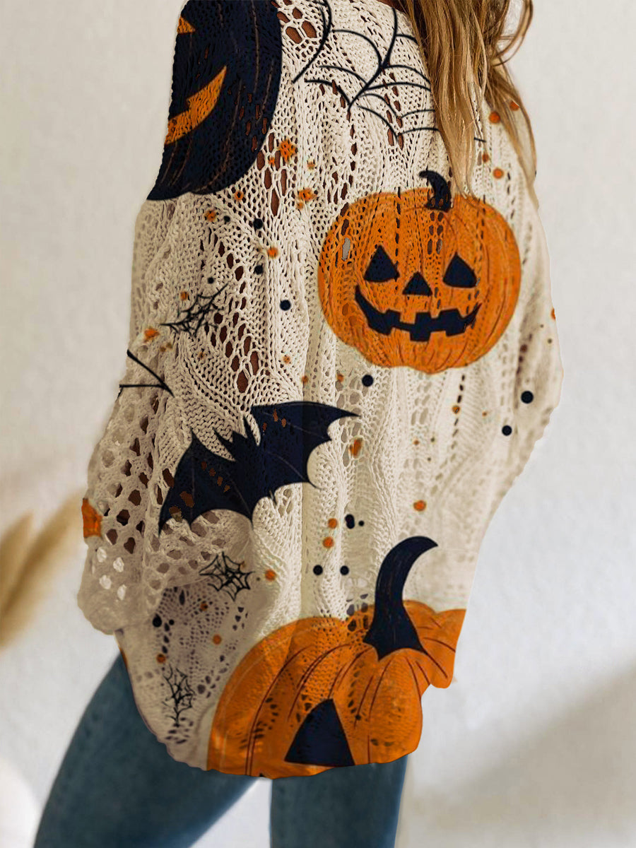 Women's Halloween Pumpkin Bats Print Casual Loose Hollow Sweater