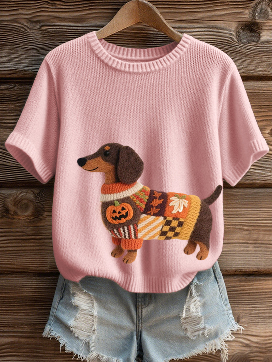 Women's Halloween Inspired Dachshund Felt Art Cozy Knit Top
