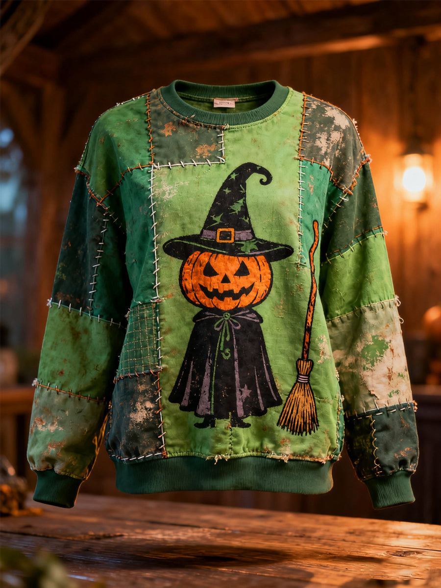 Women's Halloween Witch Pumpkin Face Patchwork Print Casual Sweatshirt
