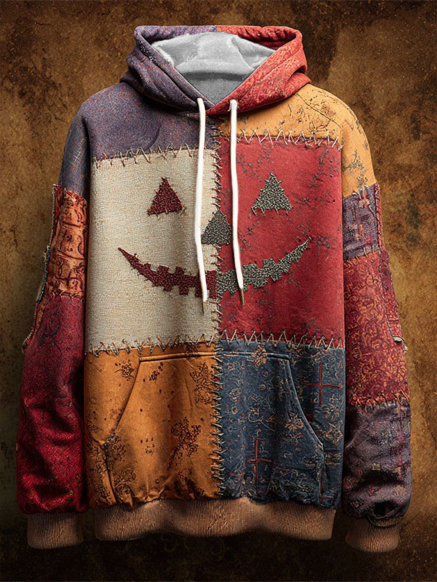 Men's Halloween Pumpkin Face Patchwork Print Casual Hoodie
