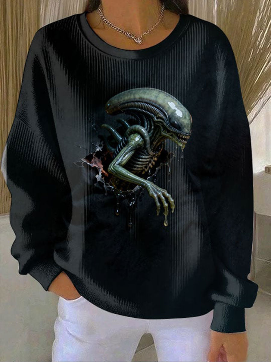 Women's Halloween Alien Ribbed Round-Neck Sweatshirt