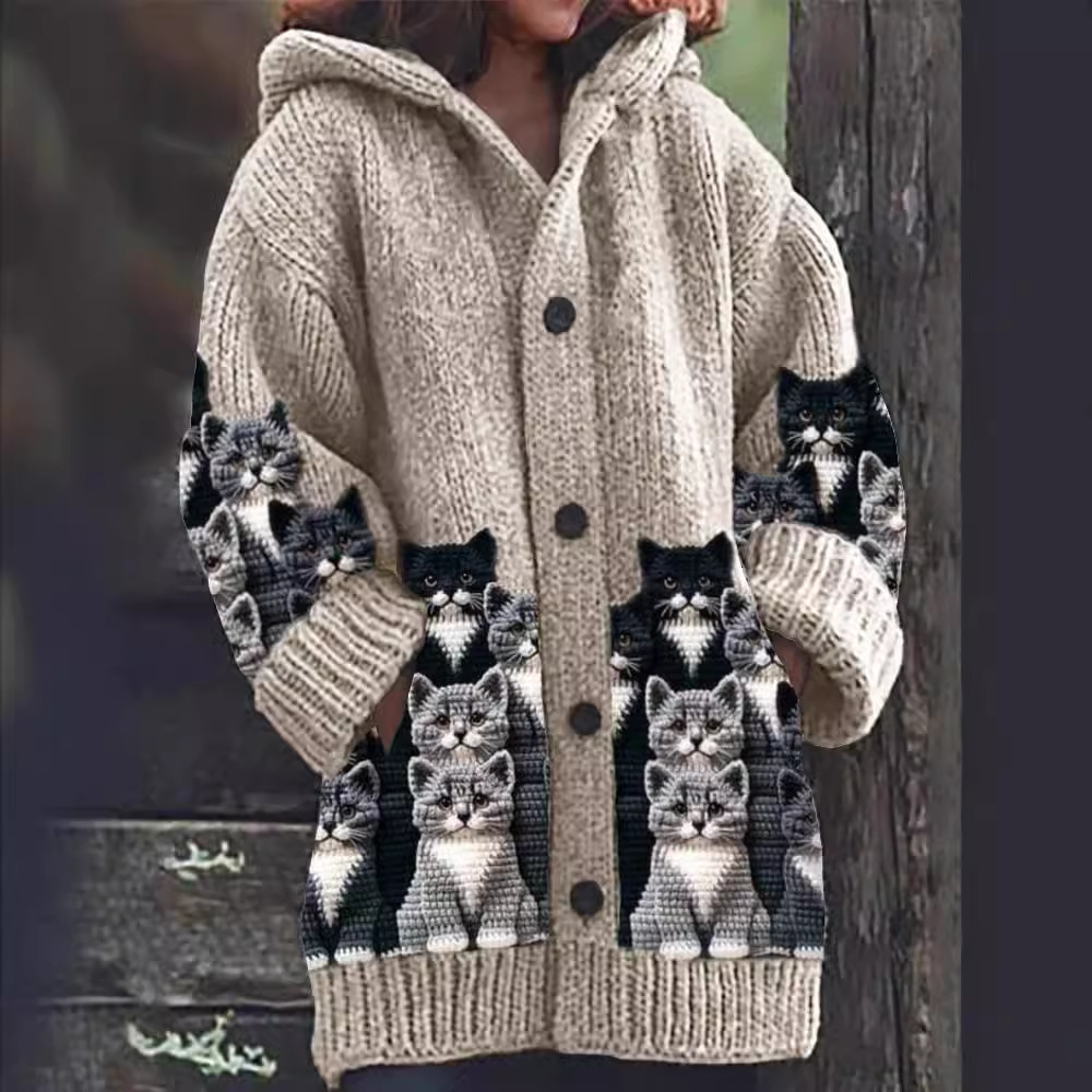 Jasmin - Cozy Knit Cat Print Cardigan