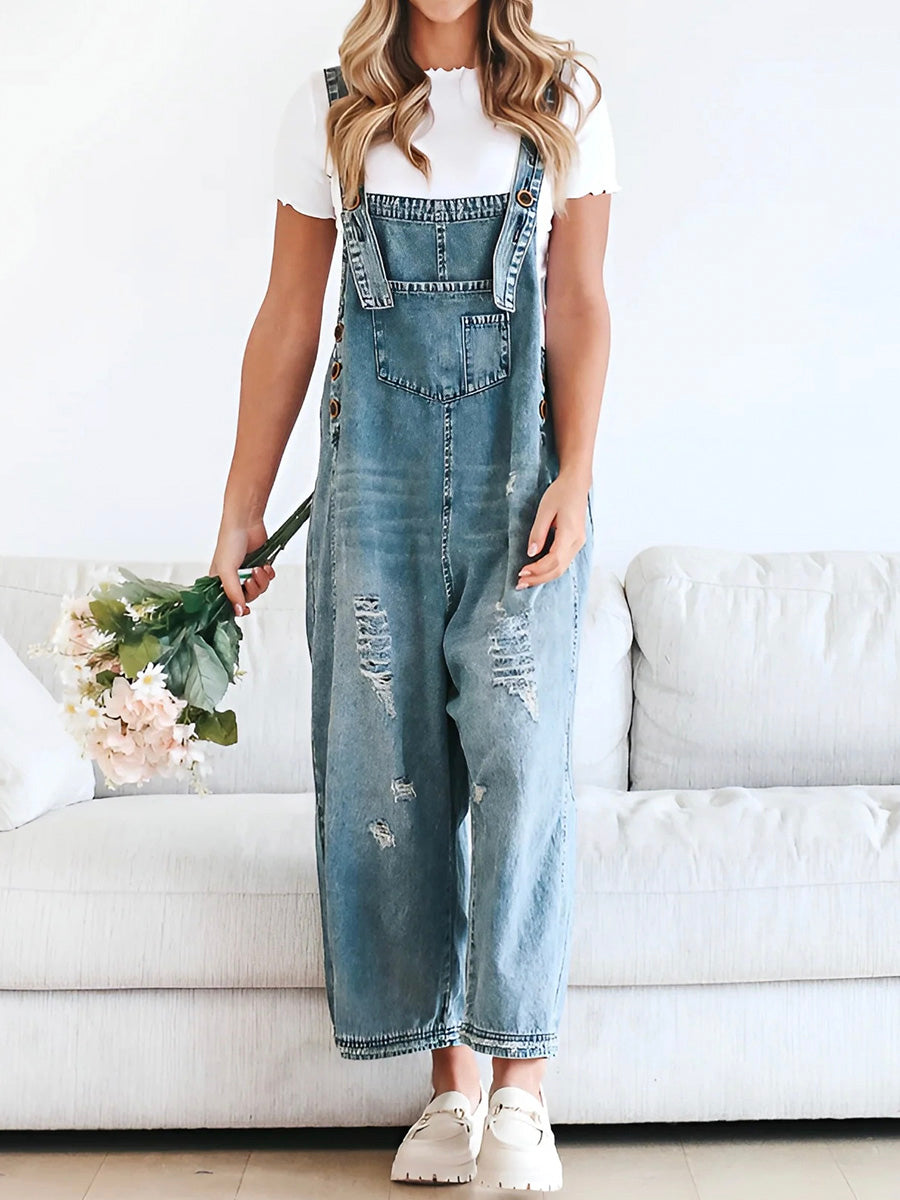 Locker fit denim dungarees in a distressed look