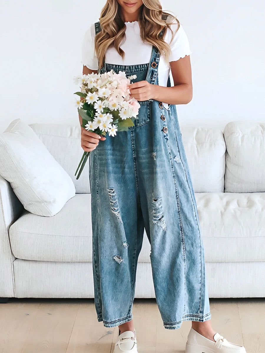 Locker fit denim dungarees in a distressed look