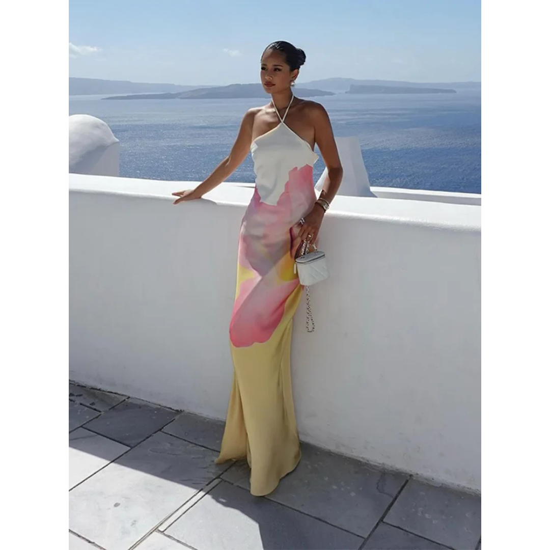 Ismena - Elegant Skew Neck Floral Maxi Dress