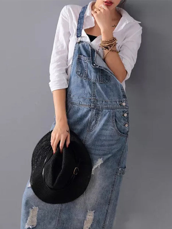 Distressed Denim Pinafore Dress with Back Slit