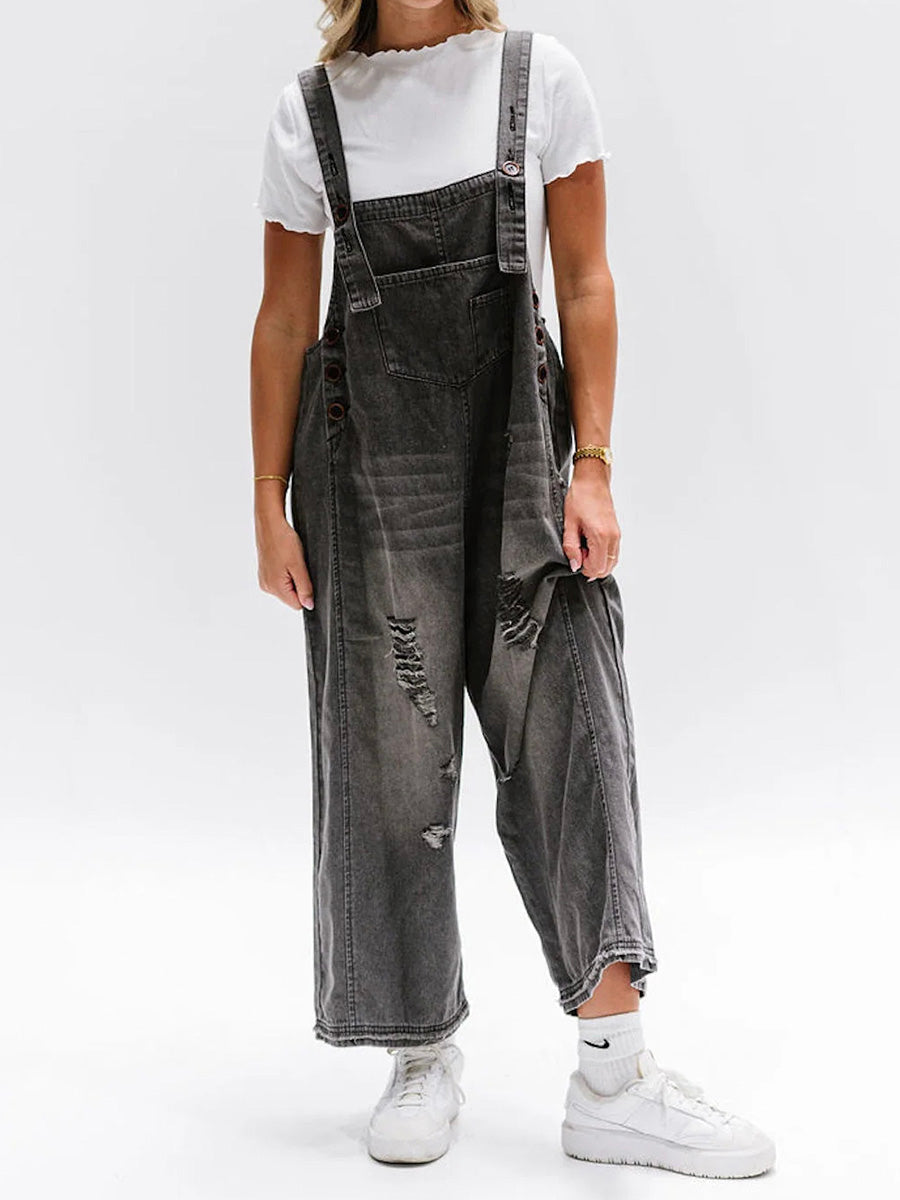 Locker fit denim dungarees in a distressed look