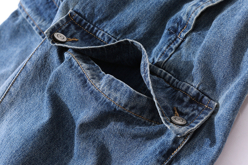 Distressed Denim Overall with Multiple Pockets