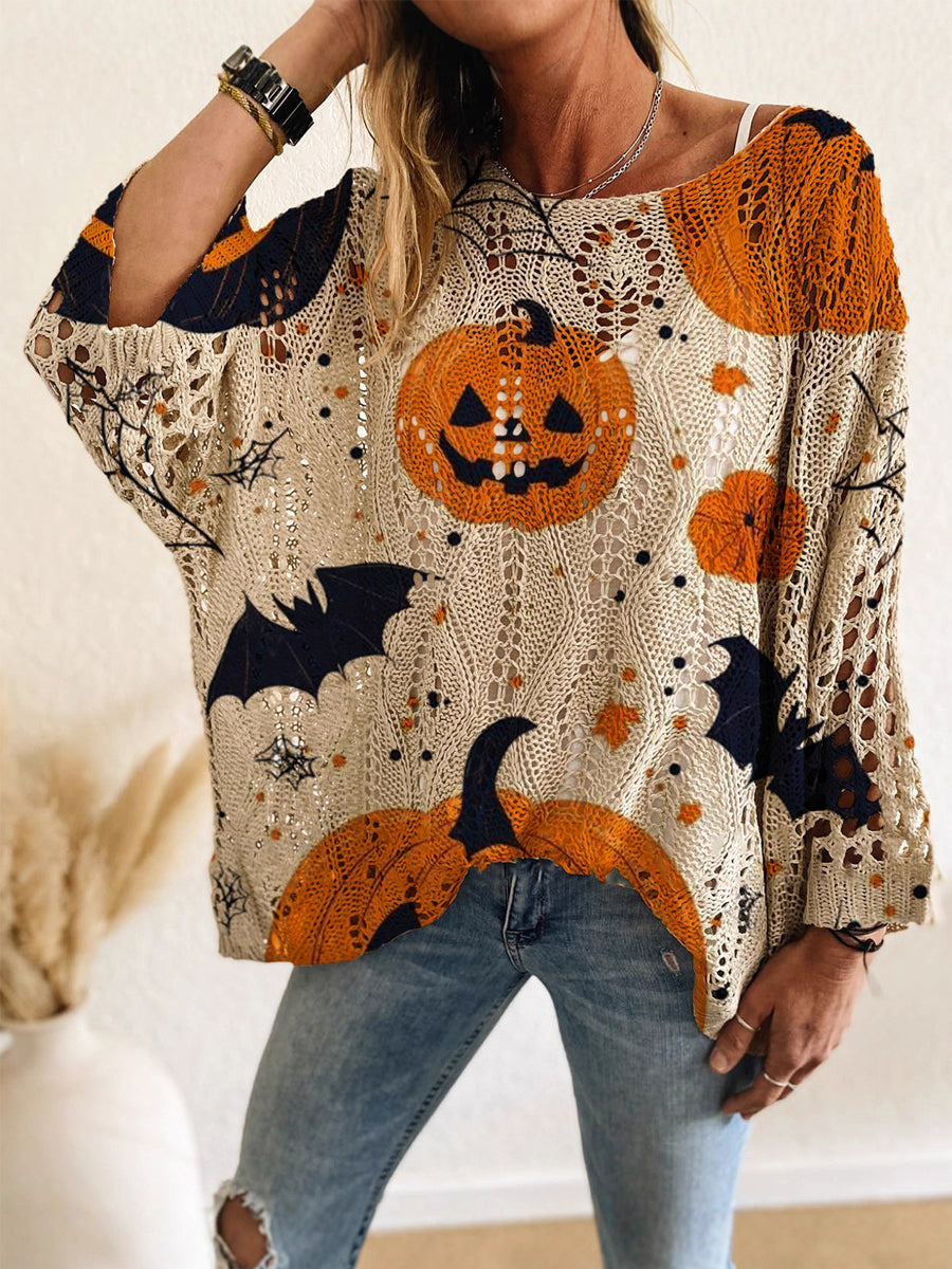 Women's Halloween Pumpkin Bats Print Casual Loose Hollow Sweater