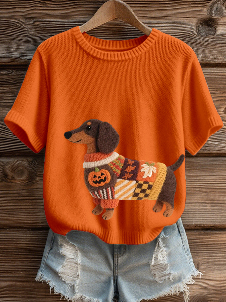 Women's Halloween Inspired Dachshund Felt Art Cozy Knit Top