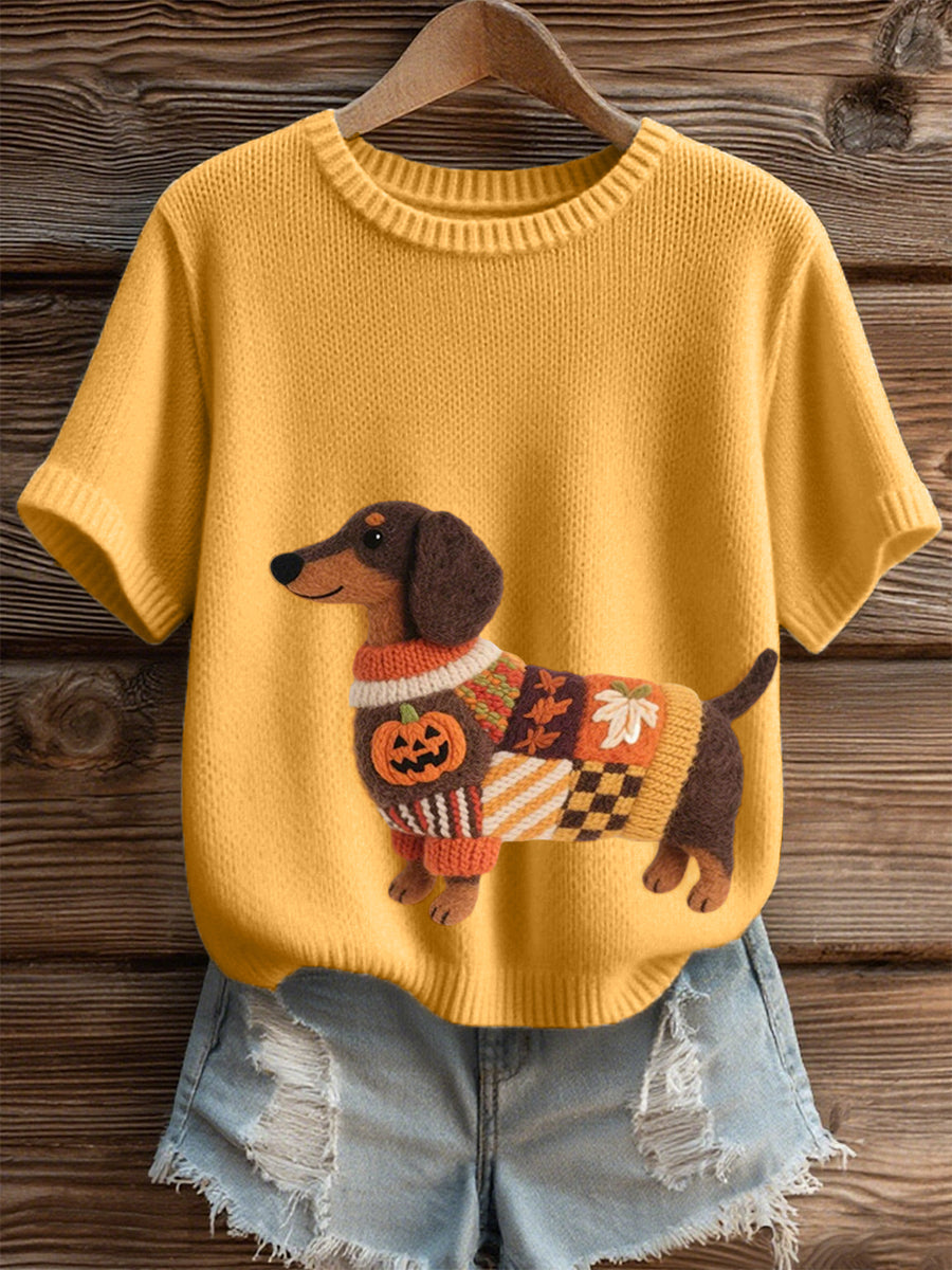 Women's Halloween Inspired Dachshund Felt Art Cozy Knit Top