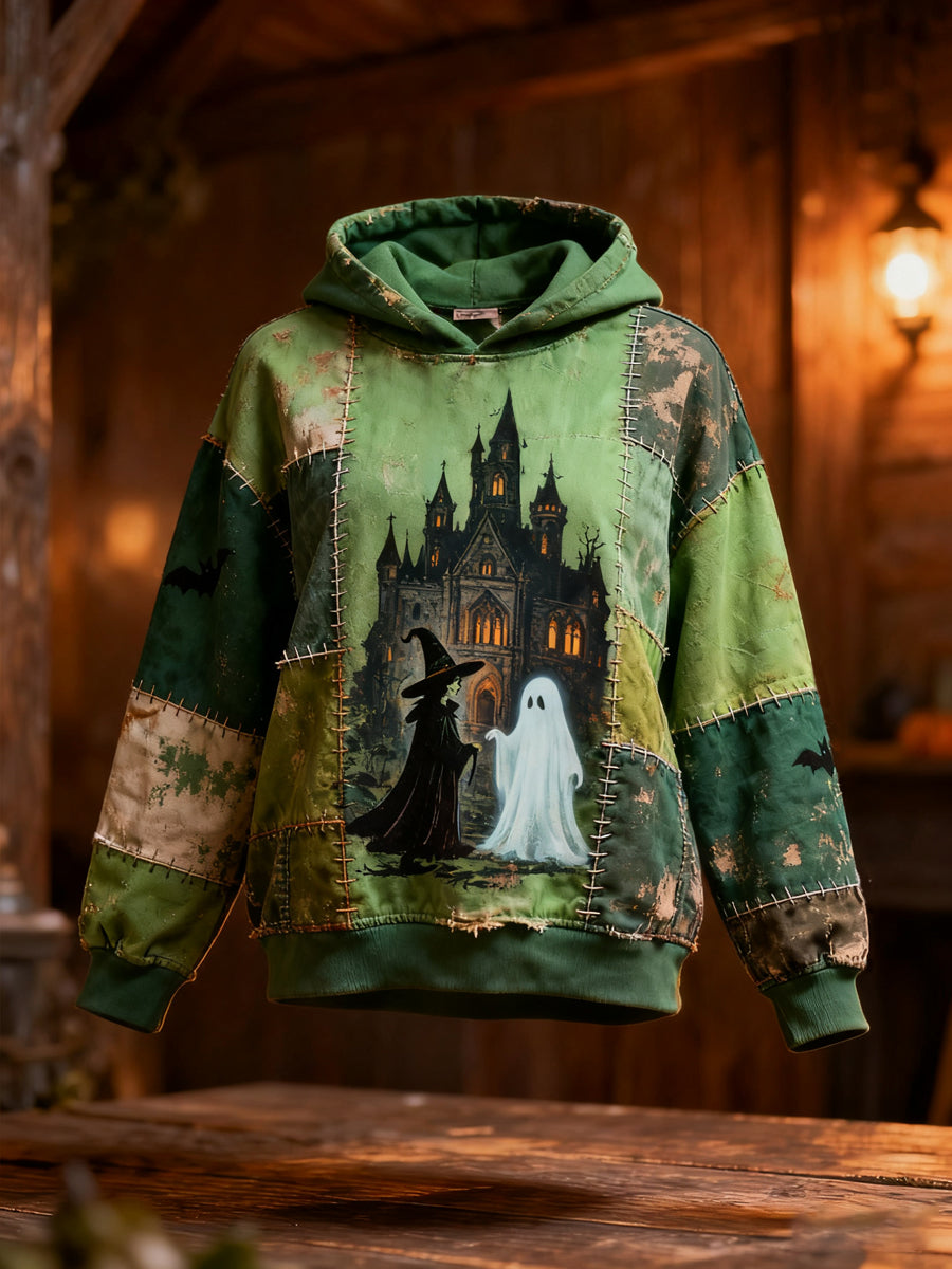 Women's Halloween Witch And Ghost Patchwork Print Casual Hoodie