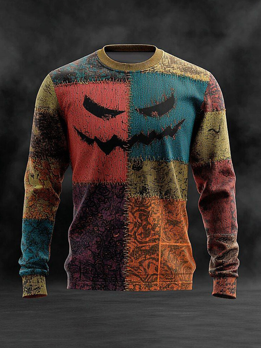 Men's Halloween Pumpkin Face Patchwork Print Casual Sweatshirt
