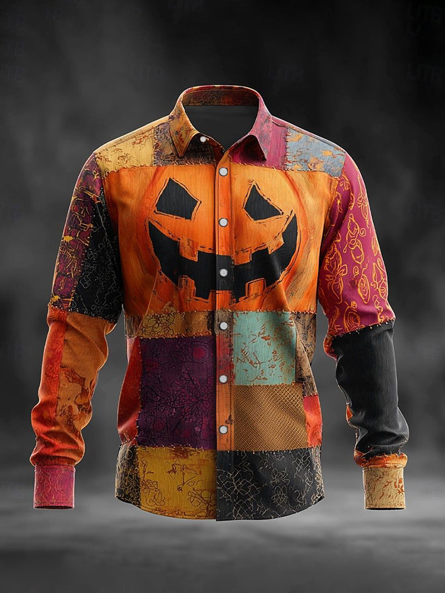 Men's Halloween Pumpkin Face Patchwork Print Casual Long-Sleeve Shirt