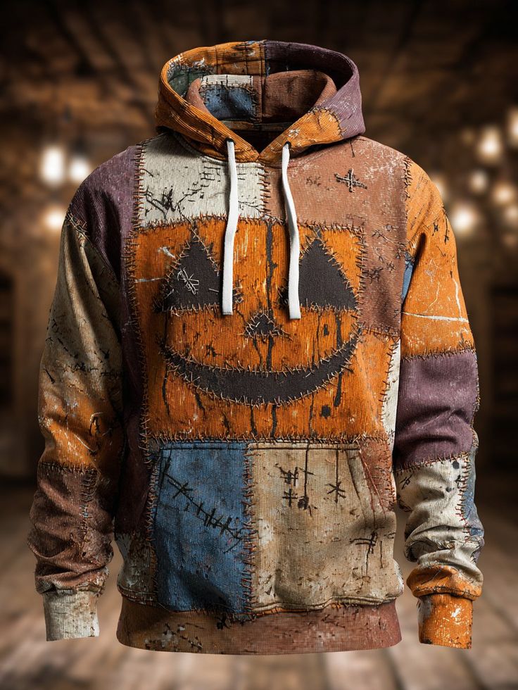 Men's Halloween Pumpkin Face Patchwork Print Casual Hoodie