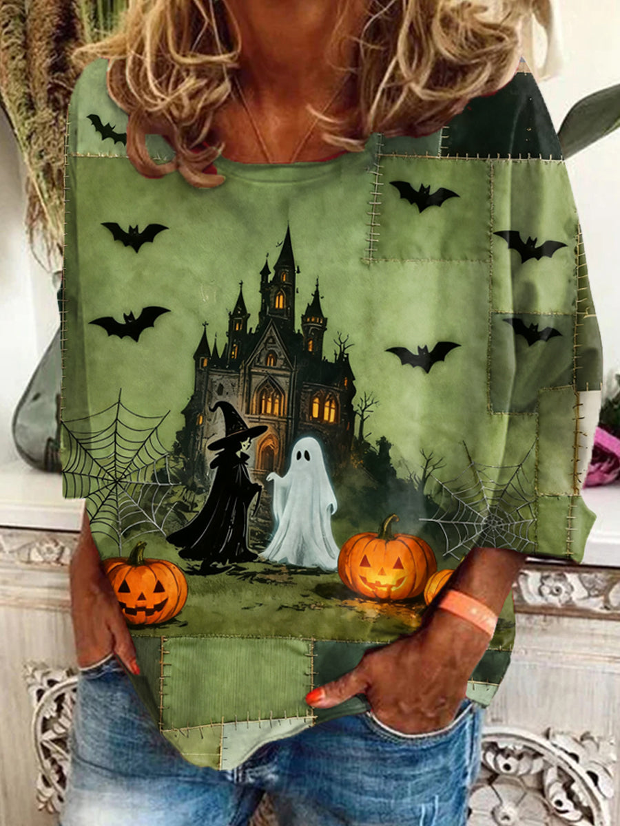 Women's Halloween Witch And Ghost Patchwork Print Casual Long-Sleeve Top